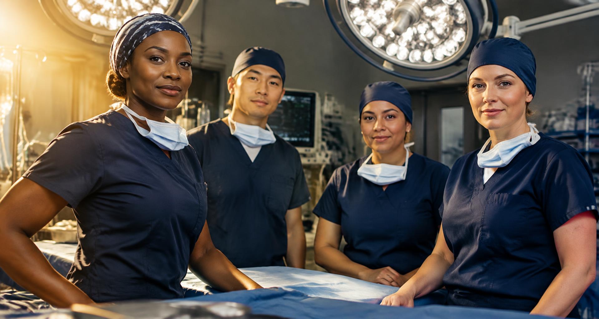 A diverse surgical team in navy scrubs standing in an operating room under surgical lights